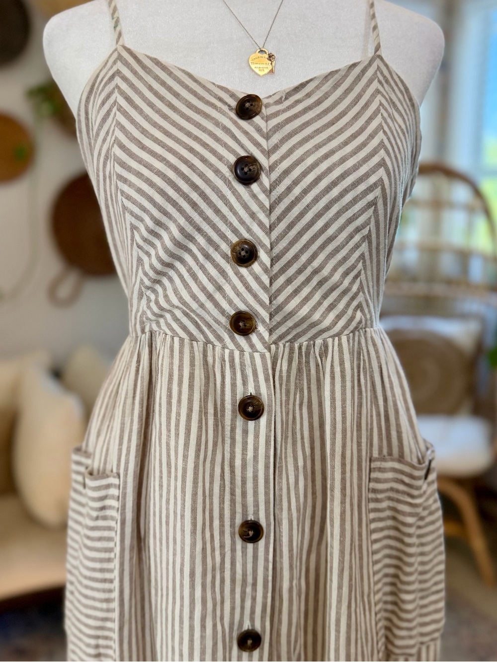 Sundress Midi Striped Linen Blend Dress Beige White Pockets Boho S Spring Summer - Picture 3 of 9